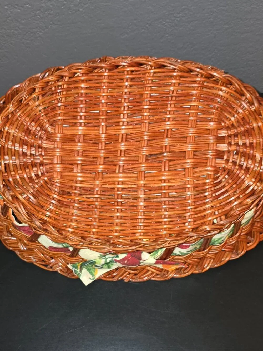 Woven Wicker Oval Bread Fruit Basket Vegetable Print Fabric Liner Kitchen Decor